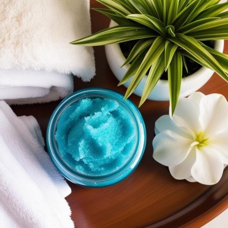 Blue exfoliating scrub in a jar, surrounded by towels, a plant, and a flower.